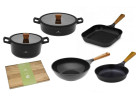 Garnek 24/28 cm + patelnia 24 cm + patelnia grillowa 28 cm + patelnia WOK + deska NATUR