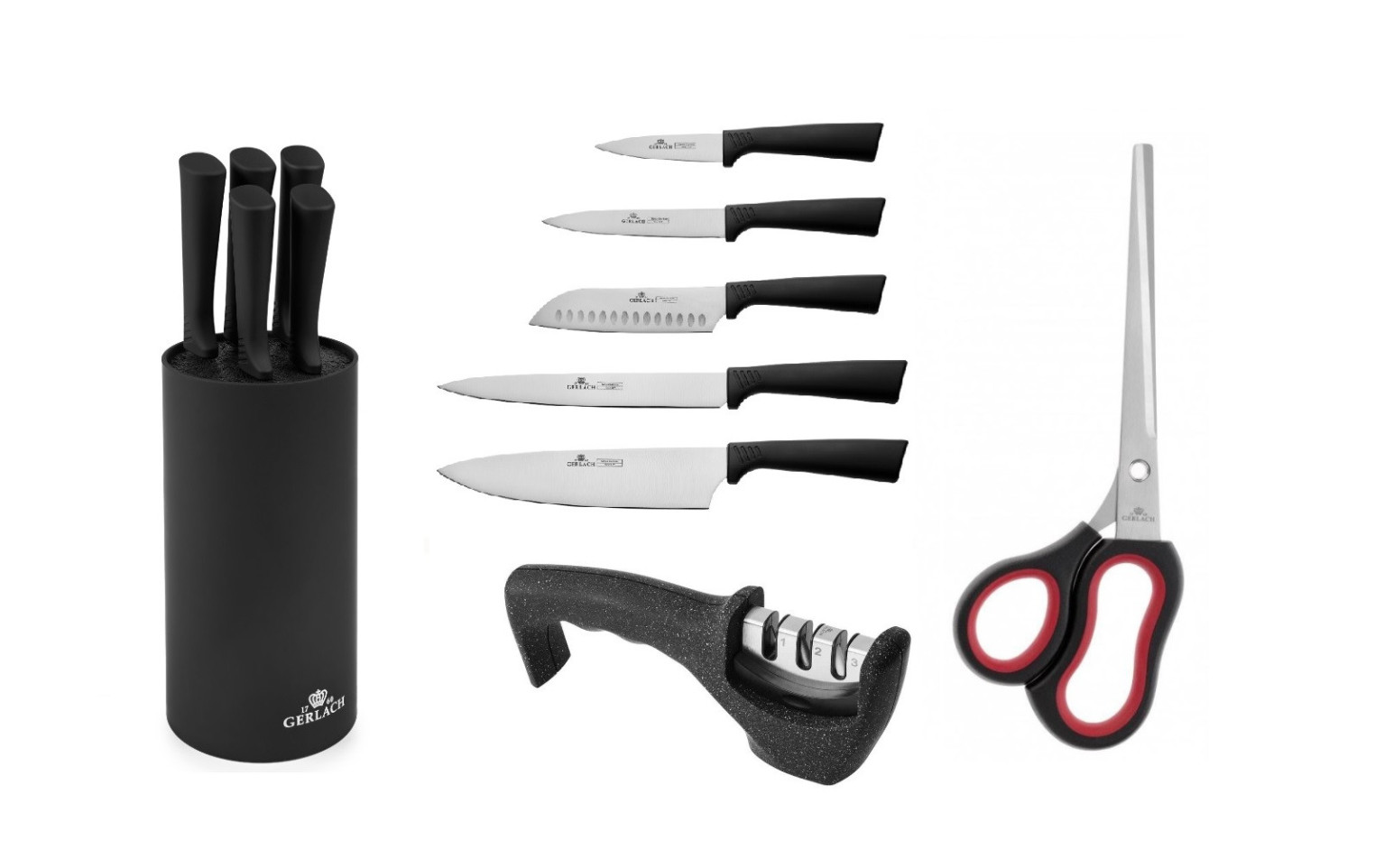 Zestaw noży w bloku SMART BLACK + Ostrzałka GRANITEX 3 w 1 + Nożyczki półkrawieckie 225 mm ASSIST