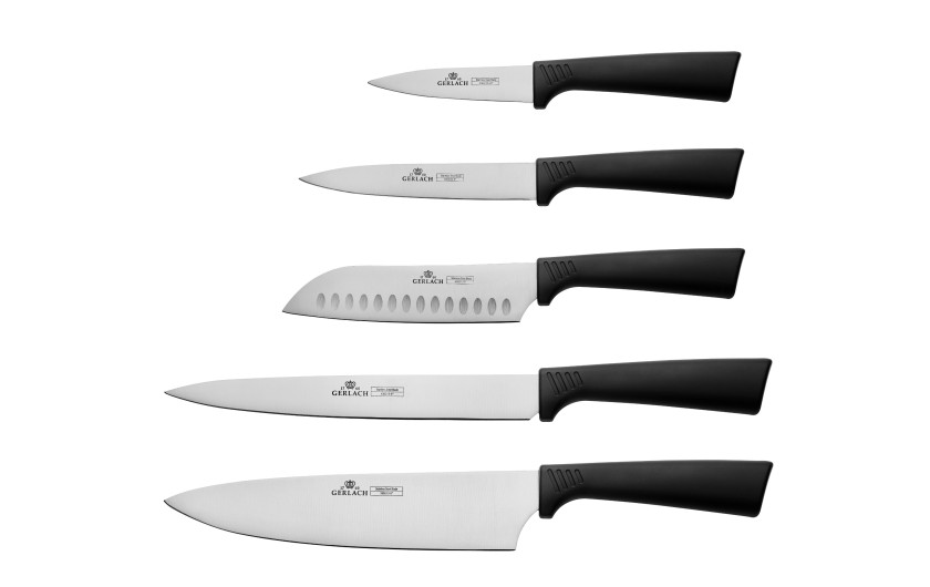 Zestaw noży w bloku SMART BLACK + Ostrzałka GRANITEX 3 w 1 + Nożyczki półkrawieckie 225 mm ASSIST