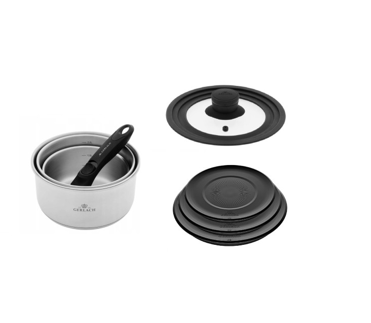 Zestaw garnków 4 el. SMART STEEL + SMART pokrywka uniwersalna 16cm, 18cm, 20cm + pokrywki do przechowywania 3el. - czarne