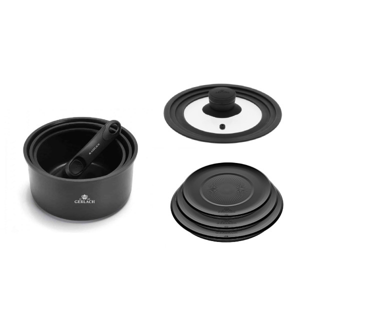 Zestaw garnków 4 el. SMART + SMART pokrywka uniwersalna 16cm, 18cm, 20cm + pokrywki do przechowywania 3el. - czarne