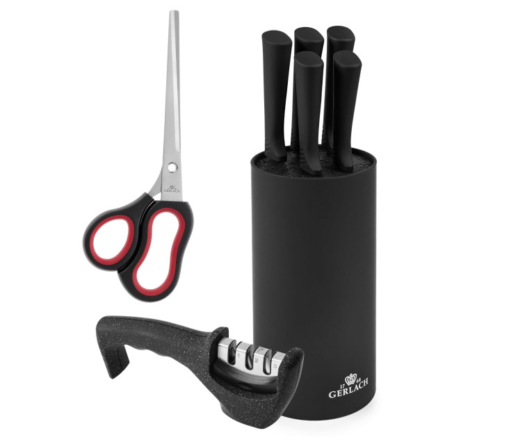 Zestaw noży w bloku SMART BLACK + Ostrzałka GRANITEX 3 w 1 + Nożyczki półkrawieckie 225 mm ASSIST