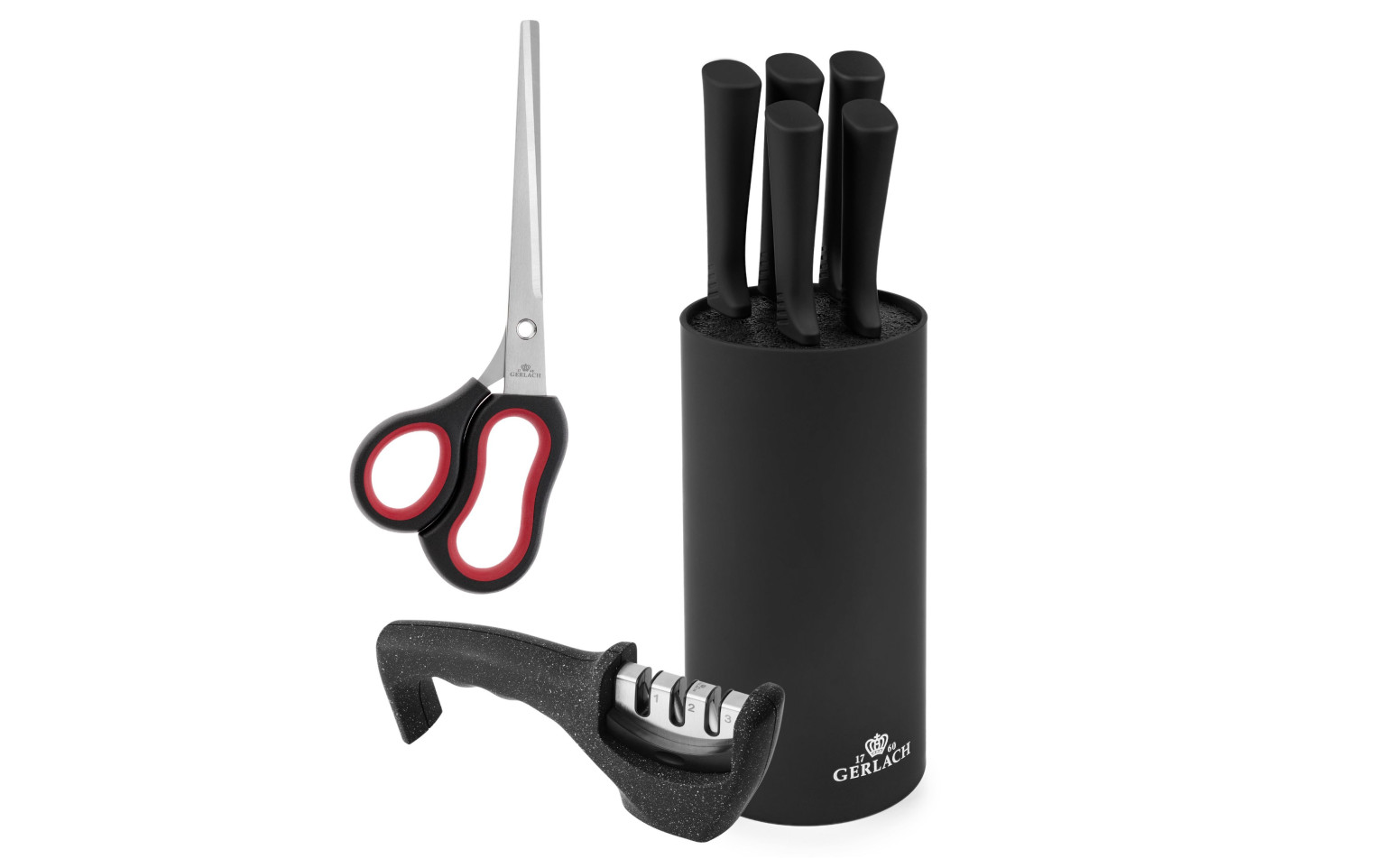 Zestaw noży w bloku SMART BLACK + Ostrzałka GRANITEX 3 w 1 + Nożyczki półkrawieckie 225 mm ASSIST
