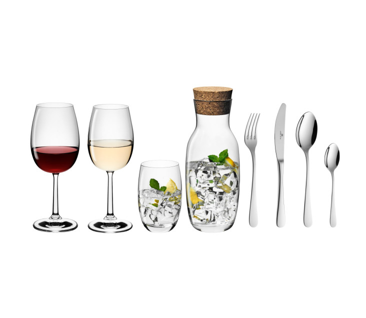 FLOW zestaw sztućców + zestaw kieliszków + zestaw szklanek + karafka