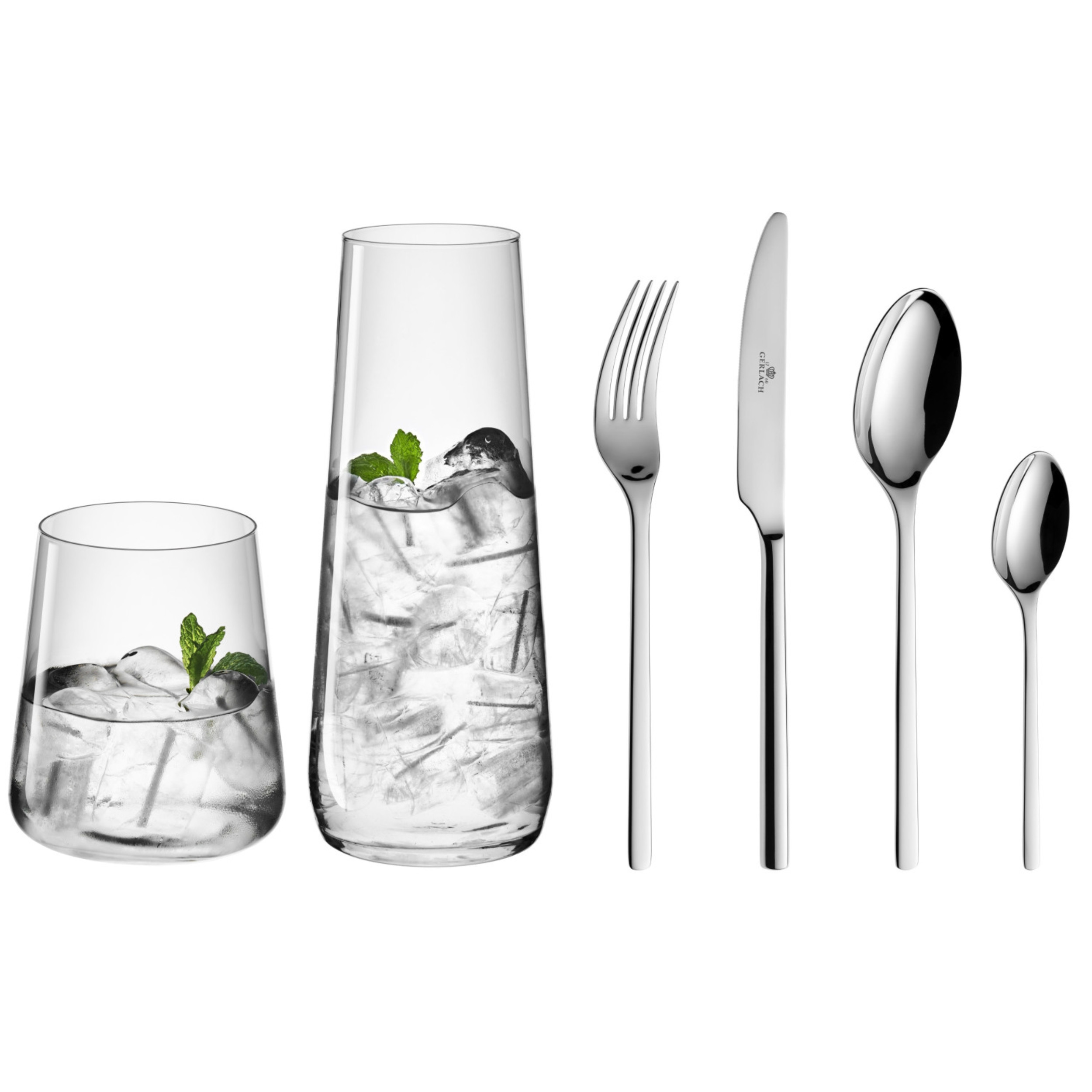 MODERN zestaw szklanek + karafka + zestaw sztućców 6os.