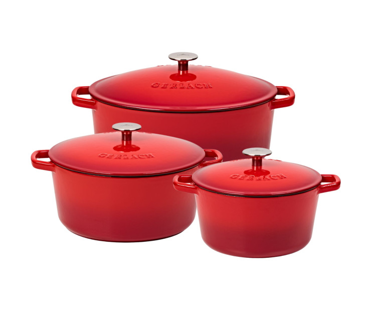 NATUR IRON zestaw czerwony gradient 3el.: Brytfanna żeliwna 5,5l + Garnek żeliwny 3l + Garnek żeliwny 5l