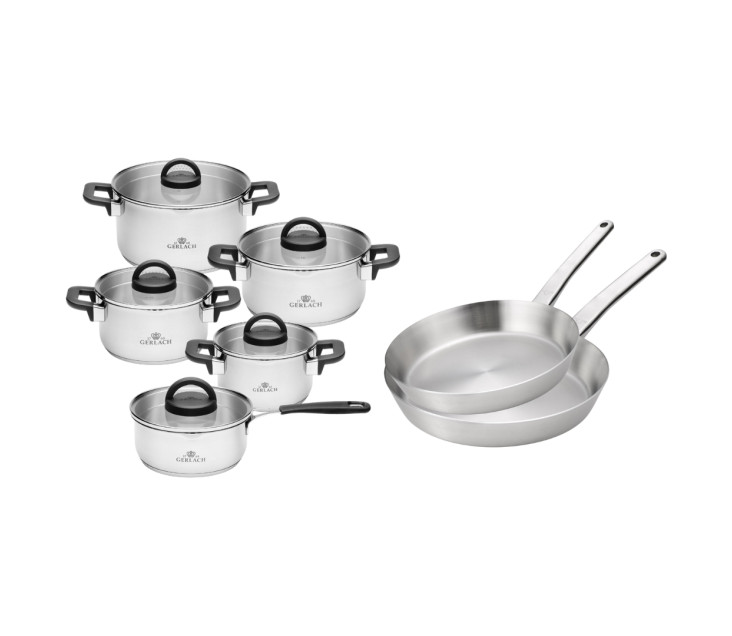 Zestaw garnków AMBIENTE PLUS 10 el. + Zestaw 2x patelnia stalowa Prestige 24/28 cm