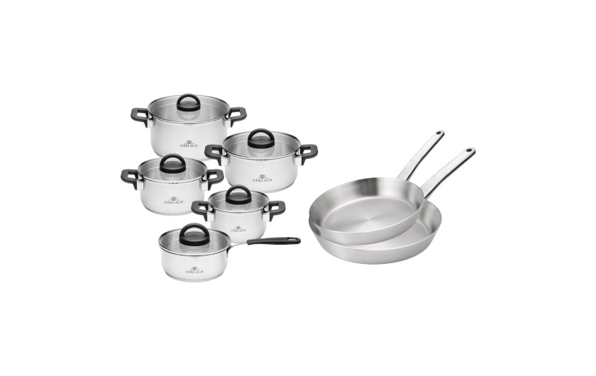 Zestaw garnków AMBIENTE PLUS 10 el. + Zestaw 2x patelnia stalowa Prestige 24/28 cm