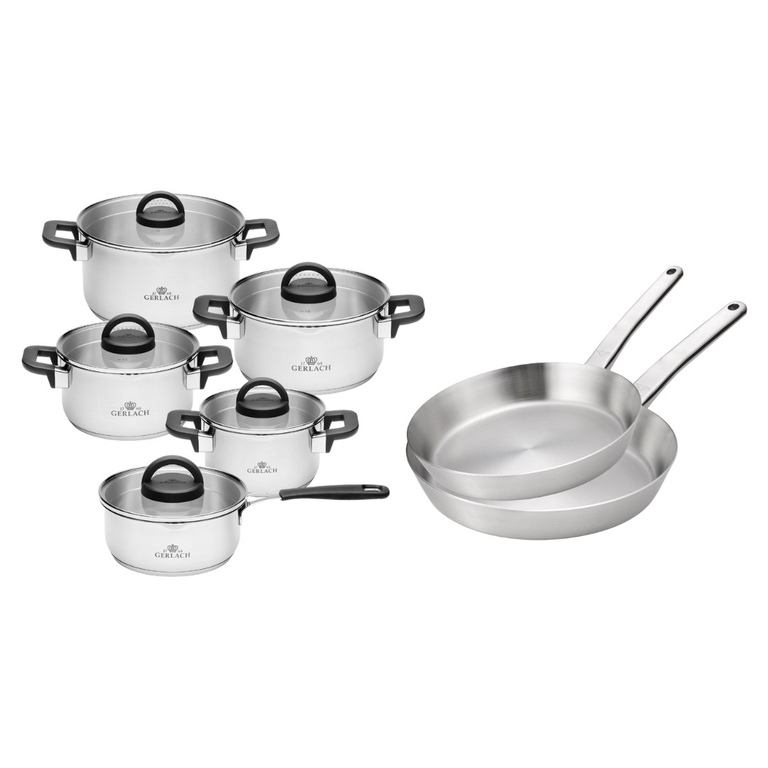 Zestaw garnków AMBIENTE PLUS 10 el. + Zestaw 2x patelnia stalowa Prestige 24/28 cm
