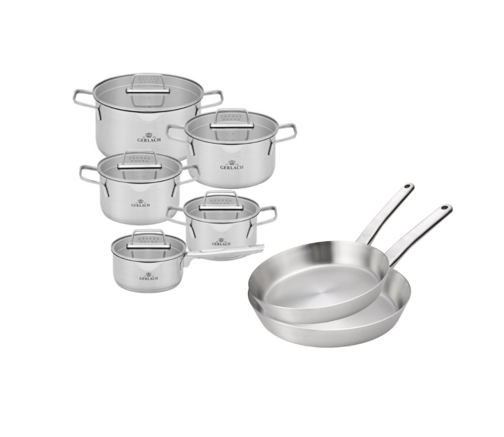 Zestaw garnków AMBIENTE 10 el. + Zestaw 2x patelnia stalowa Prestige 24/28 cm