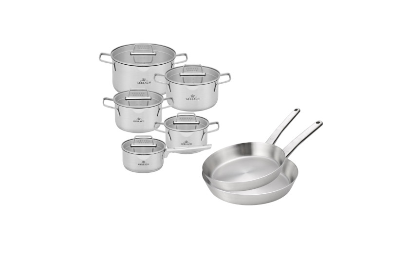 Zestaw garnków AMBIENTE 10 el. + Zestaw 2x patelnia stalowa Prestige 24/28 cm