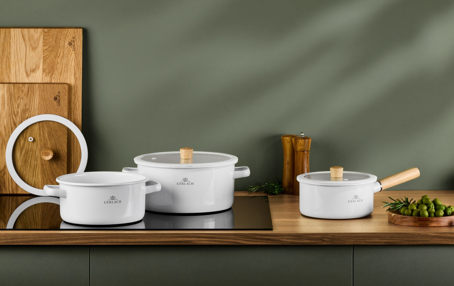 Zestaw garnków 6 el. Natur Enamel białe + 2x patelnia Ambiente Thermocoat 24/28 cm