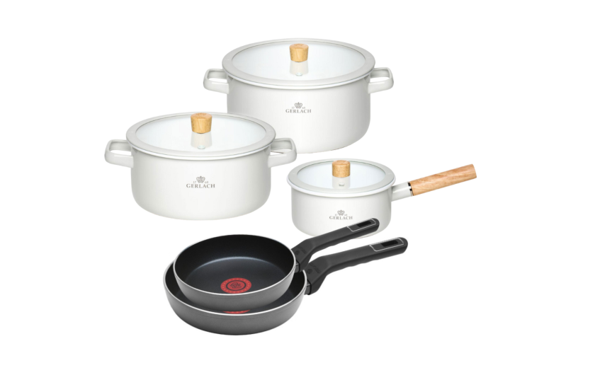 Zestaw garnków 6 el. Natur Enamel białe + 2x patelnia Ambiente Thermocoat 24/28 cm