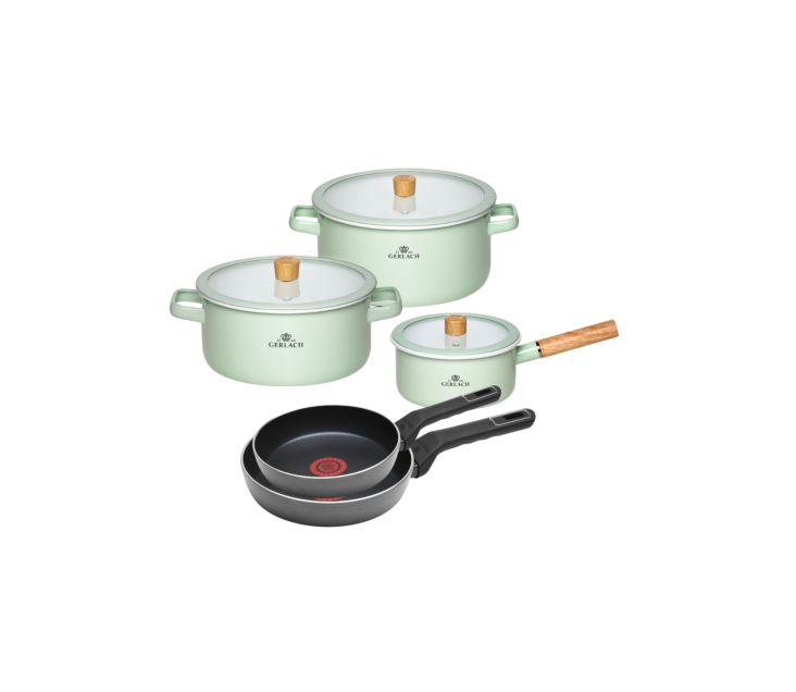 Zestaw garnków 6el. NATUR ENAMEL pastelowozielone + 2x patelnia AMBIENTE Thermocoat 24/28cm