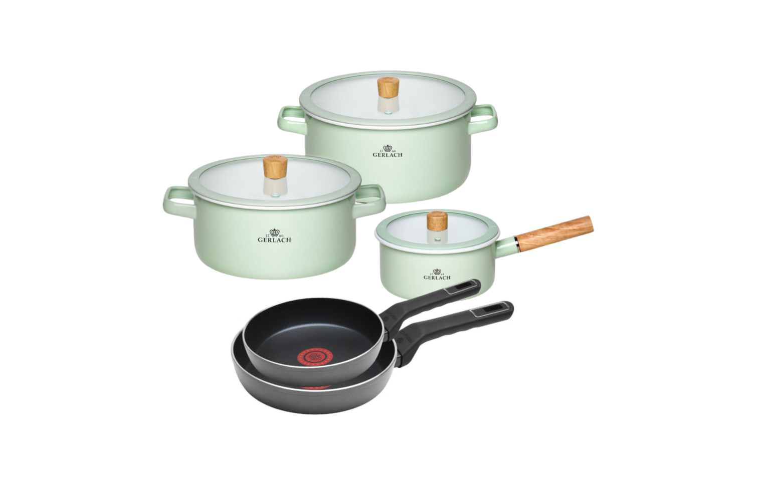 Zestaw garnków 6el. NATUR ENAMEL pastelowozielone + 2x patelnia AMBIENTE Thermocoat 24/28cm