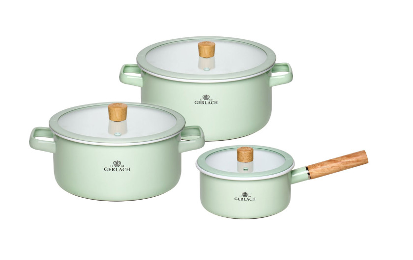 Zestaw kuchenny NATUR pastelowo-zielony + Zestaw 2x patelnia AMBIENTE THERMOCOAT 24/28 cm