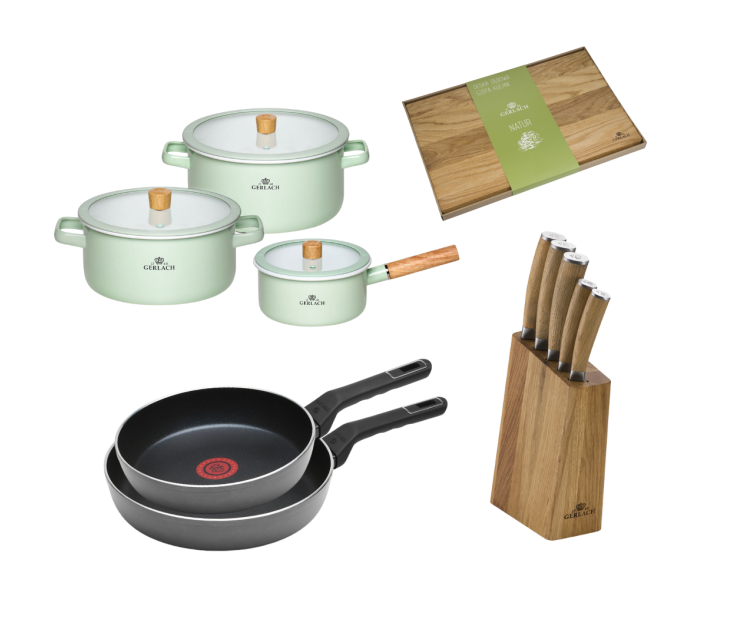 Zestaw kuchenny NATUR pastelowo-zielony + Zestaw 2x patelnia AMBIENTE THERMOCOAT 24/28 cm