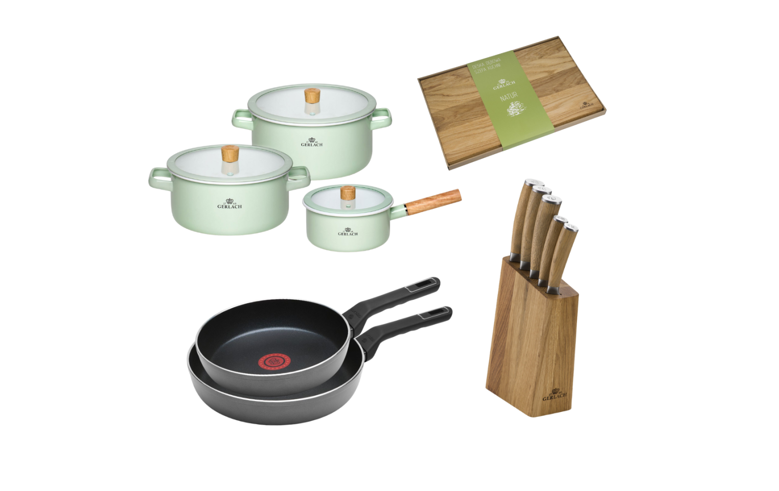 Zestaw kuchenny NATUR pastelowo-zielony + Zestaw 2x patelnia AMBIENTE THERMOCOAT 24/28 cm