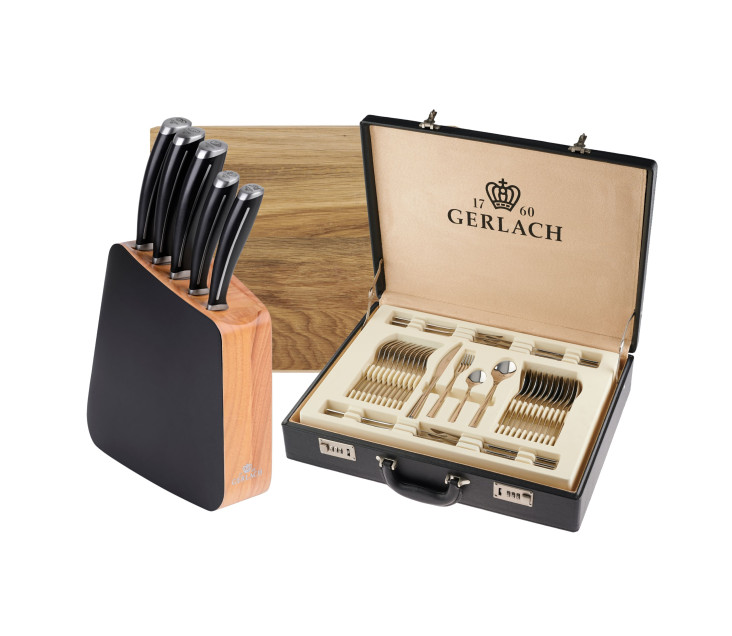 Zestaw sztućców dla 12 osób MUZA w walizce + blok noży LOFT + deska do krojenia NATUR