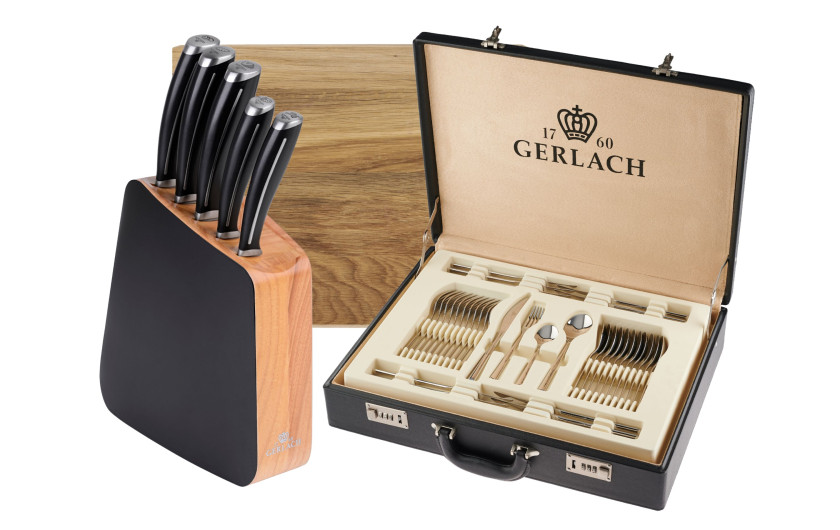 Zestaw sztućców dla 12 osób MUZA w walizce + blok noży LOFT + deska do krojenia NATUR