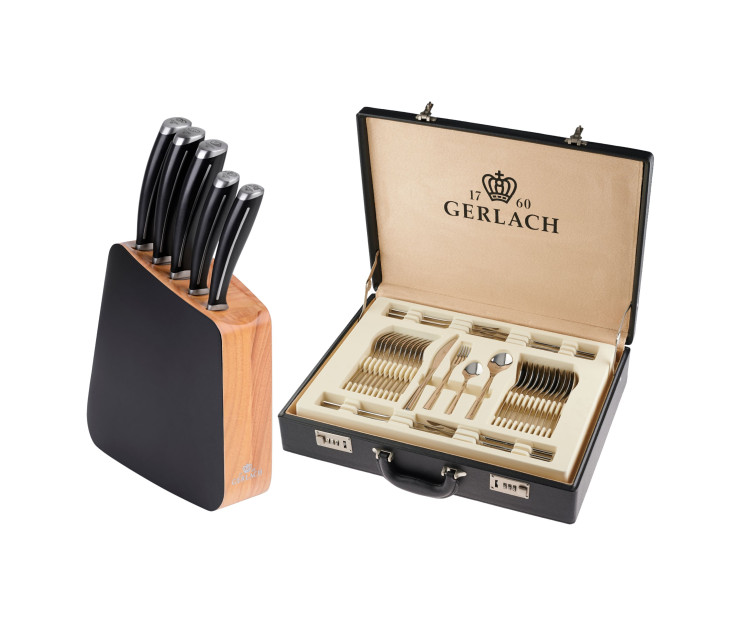 Zestaw sztućców dla 12 osób MUZA w walizce + zestaw noży w bloku LOFT