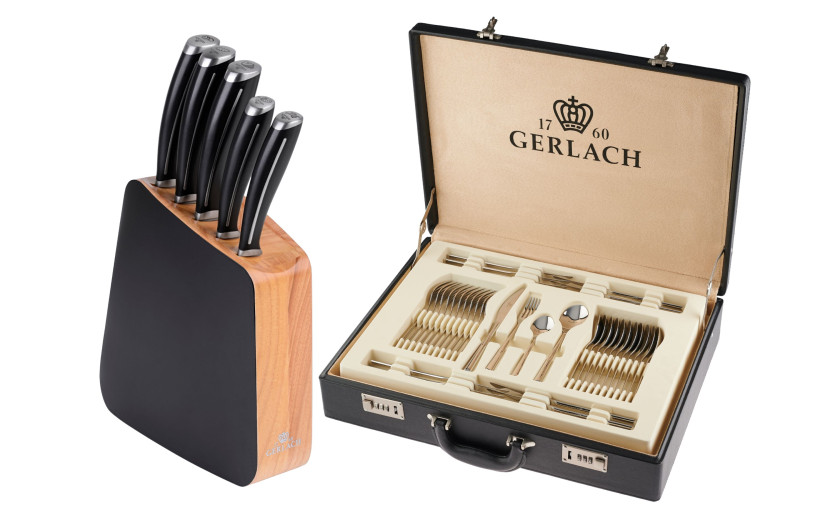 Zestaw sztućców dla 12 osób MUZA w walizce + zestaw noży w bloku LOFT