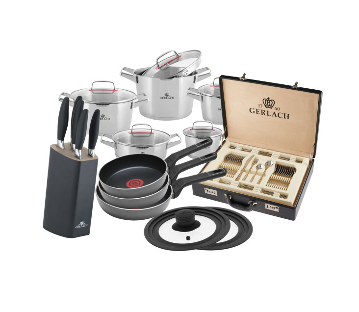 Zestaw garnków SUPERIOR + zestaw sztućców FLAMES 68 szt. + kpl. noży STYLE PLUS + 3x patelnie AMBIENTE THERMOCOAT + pokrywki