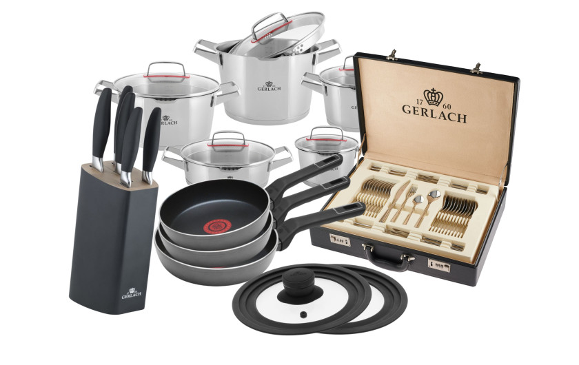 Zestaw garnków SUPERIOR + zestaw sztućców FLAMES 68 szt. + kpl. noży STYLE PLUS + 3x patelnie AMBIENTE THERMOCOAT + pokrywki