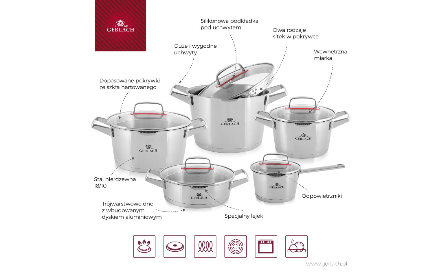 Zestaw garnków SUPERIOR + zestaw sztućców MUZA 68 szt. + kpl. noży FINE + 3x patelnie AMBIENTE THERMOCOAT + pokrywki SMART