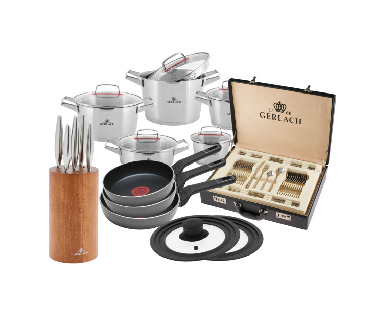 Zestaw garnków SUPERIOR + zestaw sztućców MUZA 68 szt. + kpl. noży FINE + 3x patelnie AMBIENTE THERMOCOAT + pokrywki SMART