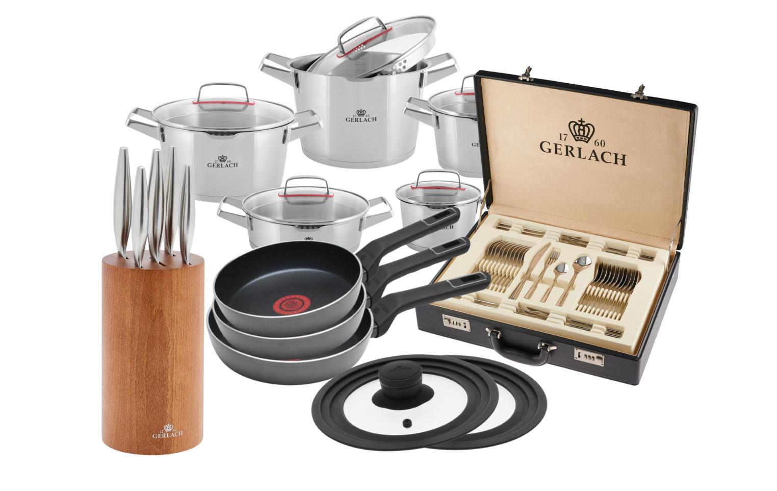 Zestaw garnków SUPERIOR + zestaw sztućców MUZA 68 szt. + kpl. noży FINE + 3x patelnie AMBIENTE THERMOCOAT + pokrywki SMART