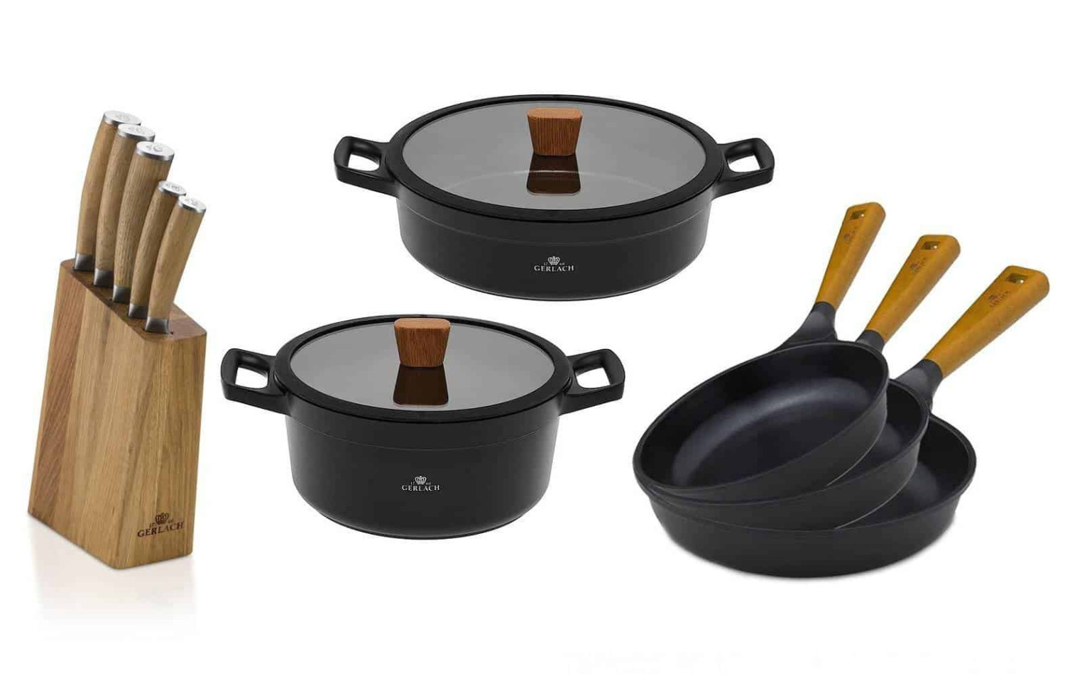 Zestaw noży w bloku + 2x garnek 24/28 cm + 3x patelnia 20/24/28cm NATUR