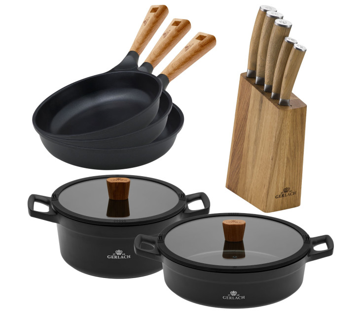 Zestaw noży w bloku + 2x garnki 24/28 cm + 3x patelnie NATUR