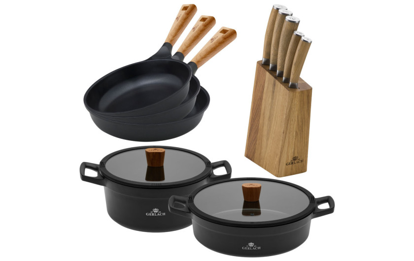 Zestaw noży w bloku + 2x garnki 24/28 cm + 3x patelnie NATUR