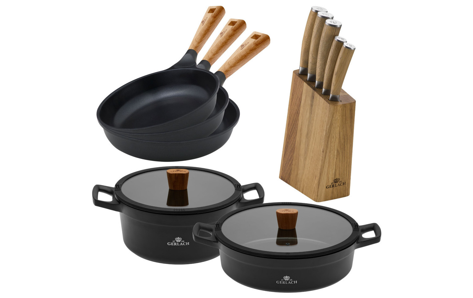 Zestaw noży w bloku + 2x garnek 24/28 cm + 3x patelnia 20/24/28cm NATUR