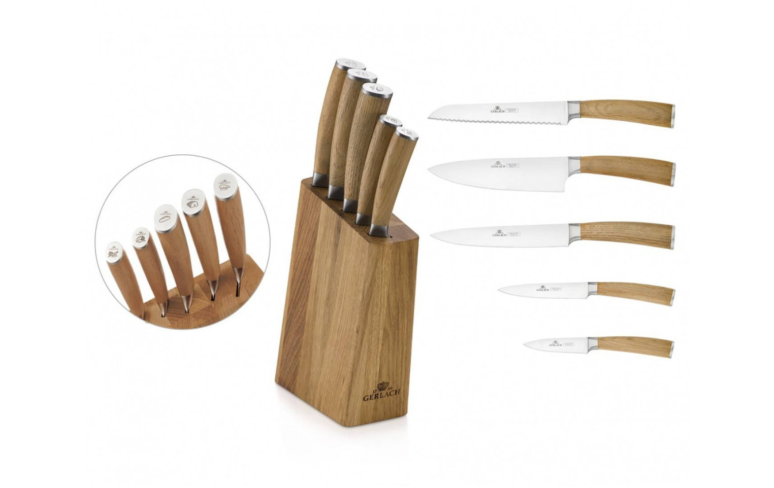 Zestaw noży w bloku + 2x garnek 24/28 cm + 3x patelnia 20/24/28cm NATUR