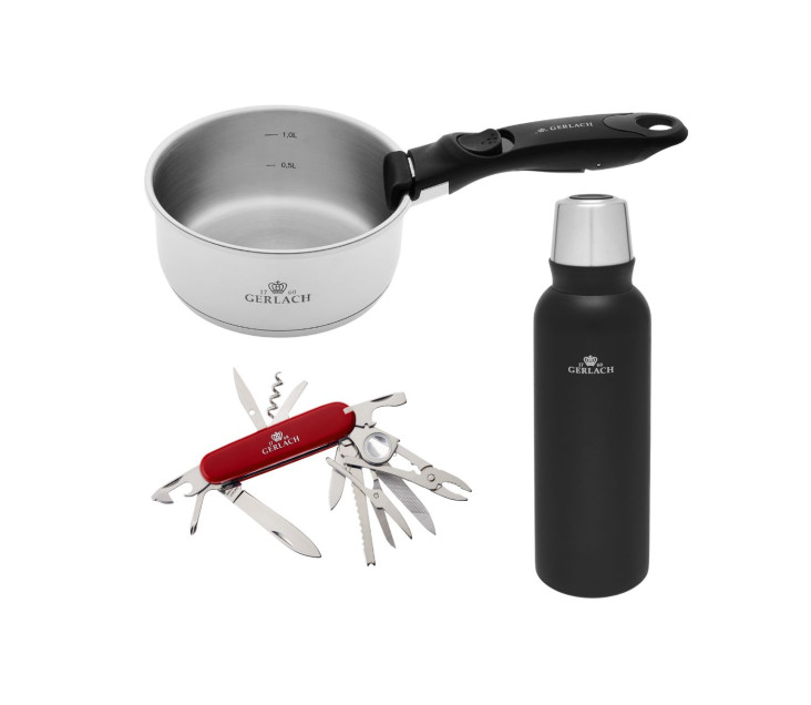 Zestaw outdoor termos 1.0l + scyzoryk 12 funkcyjny ASSIST + garnek stalowy 16 cm + odczepiana rączka w blistrze SMART STEEL