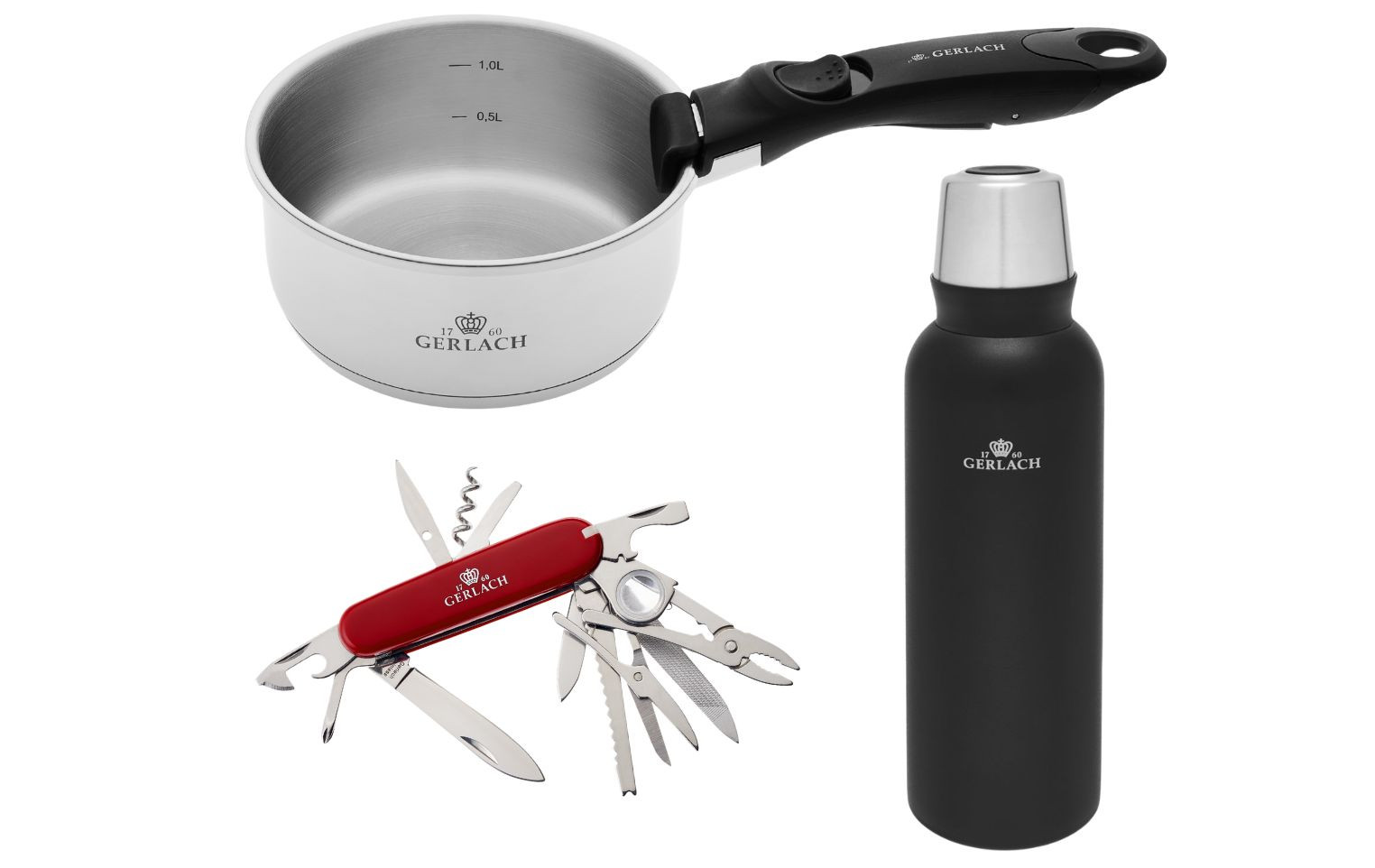 Zestaw outdoor termos 1.0l + scyzoryk 12 funkcyjny ASSIST + garnek stalowy 16 cm + odczepiana rączka w blistrze SMART STEEL