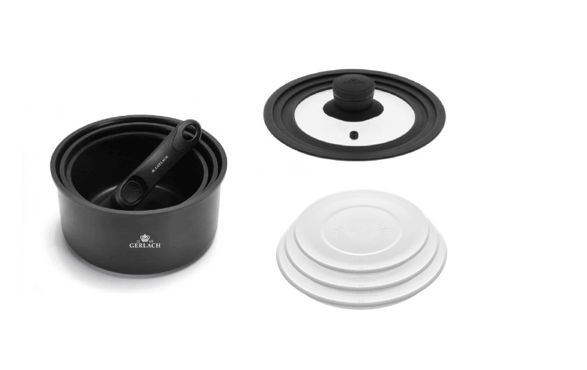 Zestaw garnków 4 el. SMART + SMART pokrywka uniwersalna 16cm, 18cm, 20cm + pokrywki do przechowywania 3el. - białe